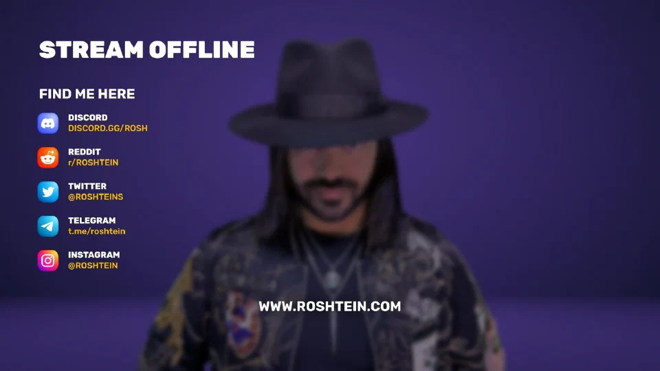 Roshtein in a fedora next to his channel list on a violet background