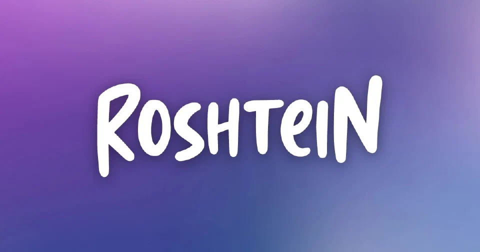 The ROSHTEIN brush wordmark on a violet gradient